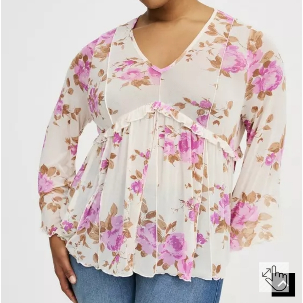 NWOT Torrid Cream Floral Babydoll Mesh Belle Sleeve Blouse with Pink & Brown